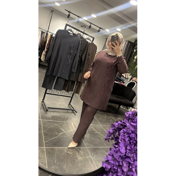 MEVA By Pureva Çizgili İşlemeli BÜYÜK BEDEN Takım