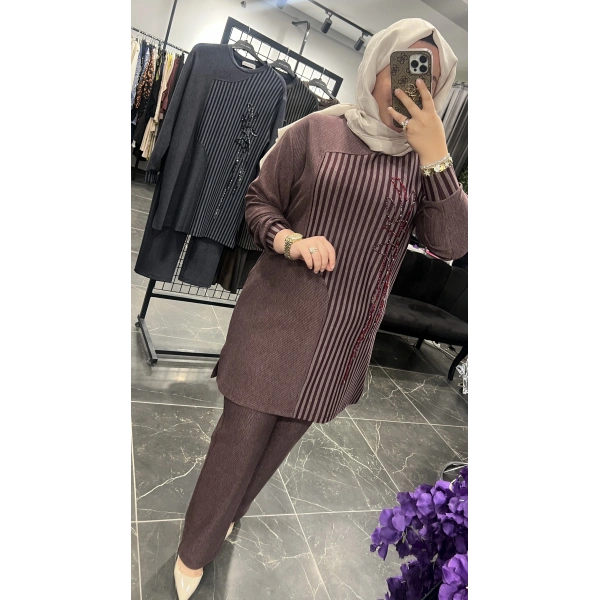 MEVA By Pureva Çizgili İşlemeli BÜYÜK BEDEN Takım