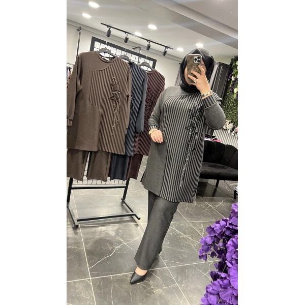 MEVA By Pureva Çizgili İşlemeli BÜYÜK BEDEN Takım