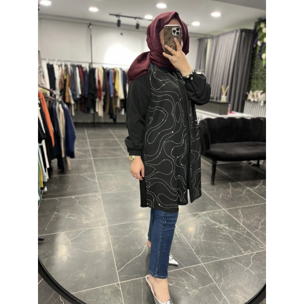 MEVA BY PUREVA Dalga Taşlı Büyük Beden Pamuk Gömlek