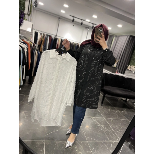 MEVA BY PUREVA Dalga Taşlı Büyük Beden Pamuk Gömlek