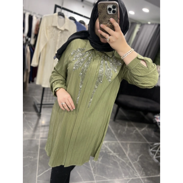 Meva By Pureva Püskürtme Taşlı ve İncili Pamuk Gömlek