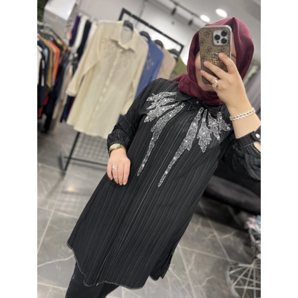 Meva By Pureva Püskürtme Taşlı ve İncili Pamuk Gömlek