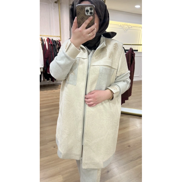 MEVA BY PUREVA YAPRAKLI NUBUK&TRİKO YELEKLİ ÜÇLÜ TAKIM