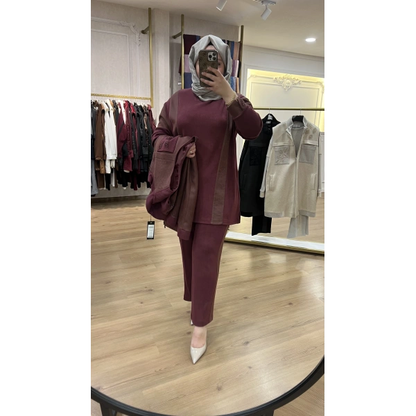 MEVA BY PUREVA YAPRAKLI NUBUK&TRİKO YELEKLİ ÜÇLÜ TAKIM