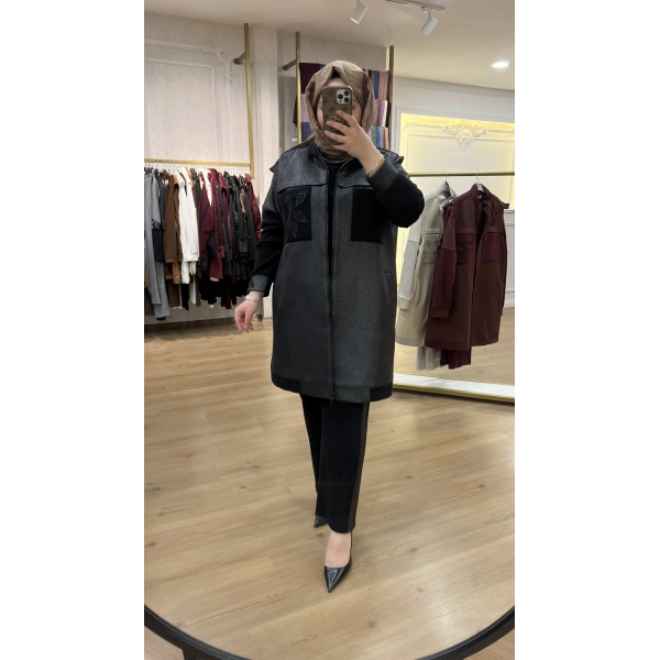 MEVA BY PUREVA YAPRAKLI NUBUK&TRİKO YELEKLİ ÜÇLÜ TAKIM