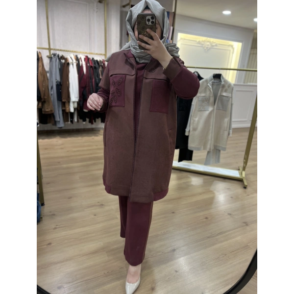 MEVA BY PUREVA YAPRAKLI NUBUK&TRİKO YELEKLİ ÜÇLÜ TAKIM