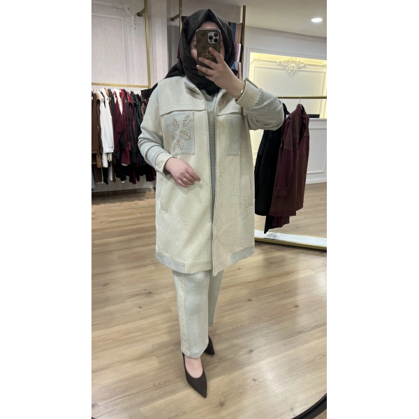 MEVA BY PUREVA YAPRAKLI NUBUK&TRİKO YELEKLİ ÜÇLÜ TAKIM