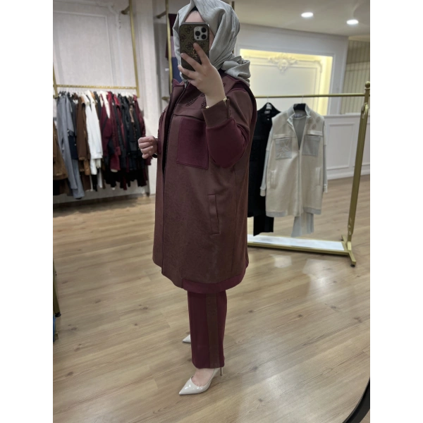 MEVA BY PUREVA YAPRAKLI NUBUK&TRİKO YELEKLİ ÜÇLÜ TAKIM