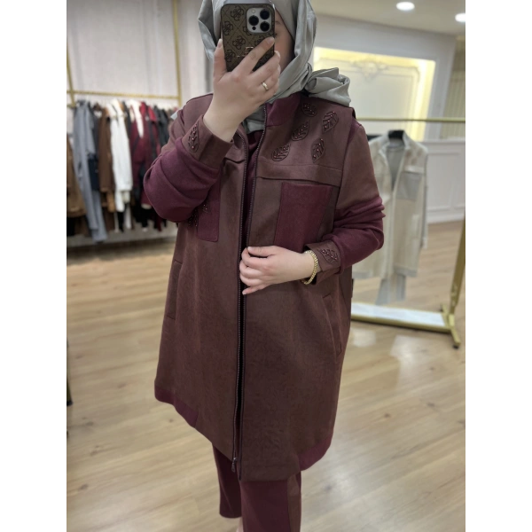 MEVA BY PUREVA YAPRAKLI NUBUK&TRİKO YELEKLİ ÜÇLÜ TAKIM