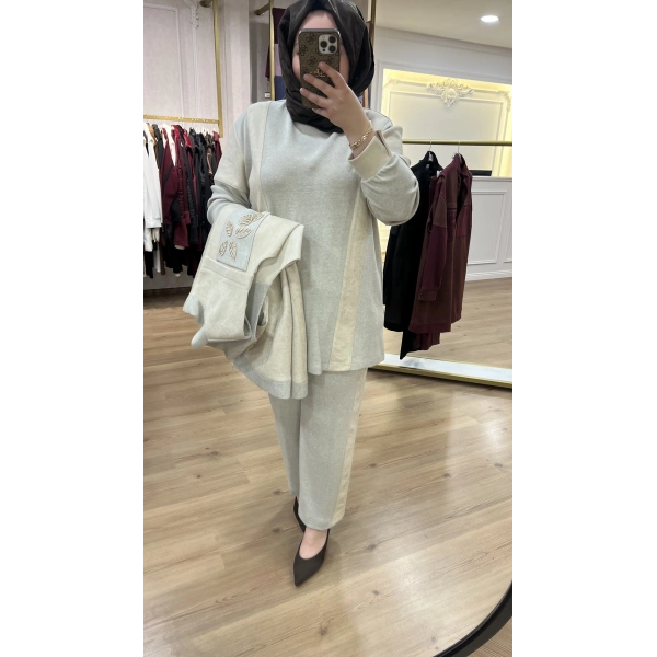 MEVA BY PUREVA YAPRAKLI NUBUK&TRİKO YELEKLİ ÜÇLÜ TAKIM