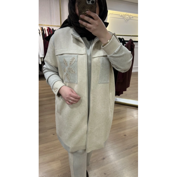 MEVA BY PUREVA YAPRAKLI NUBUK&TRİKO YELEKLİ ÜÇLÜ TAKIM