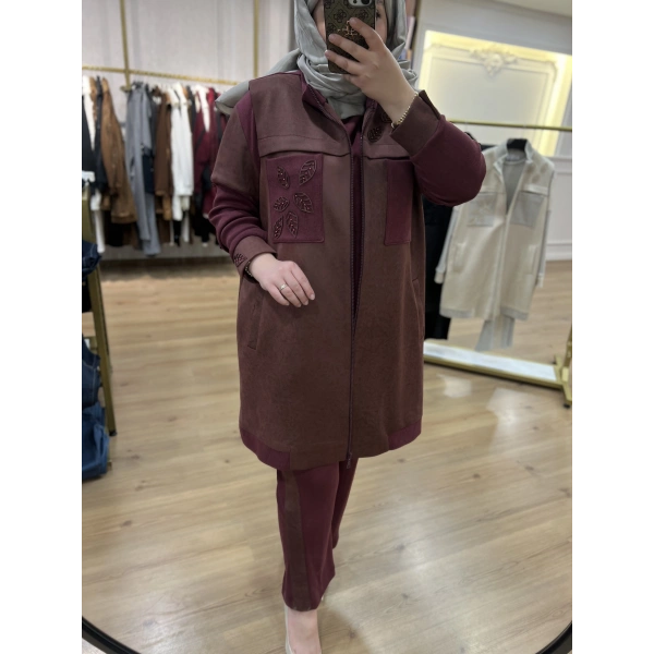 MEVA BY PUREVA YAPRAKLI NUBUK&TRİKO YELEKLİ ÜÇLÜ TAKIM