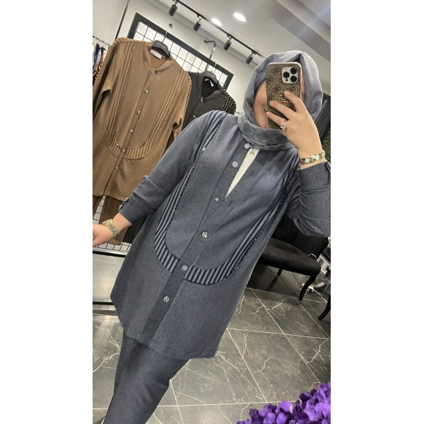 MEVA PLUS BY PUREVA Çizgili İşlemeli Ceketli Takım