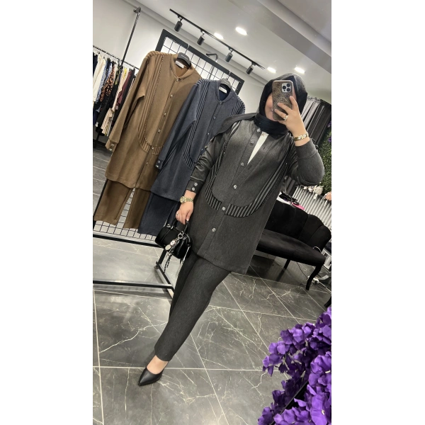 MEVA PLUS BY PUREVA Çizgili İşlemeli Ceketli Takım