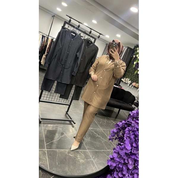 MEVA PLUS BY PUREVA Çizgili İşlemeli Ceketli Takım