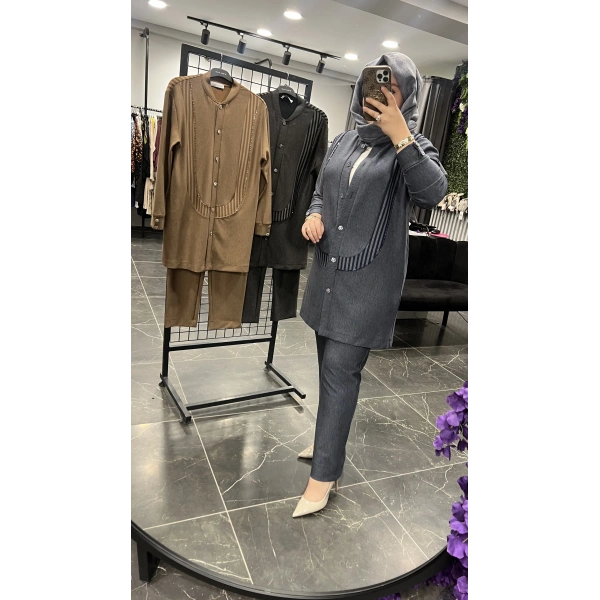 MEVA PLUS BY PUREVA Çizgili İşlemeli Ceketli Takım