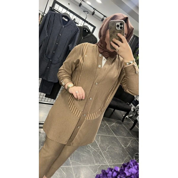 MEVA PLUS BY PUREVA Çizgili İşlemeli Ceketli Takım