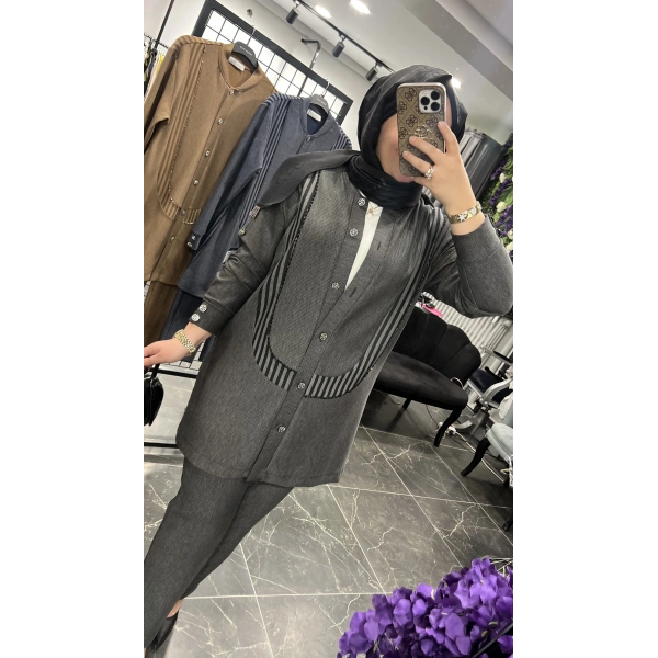 MEVA PLUS BY PUREVA Çizgili İşlemeli Ceketli Takım