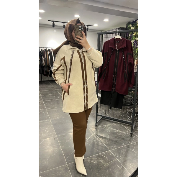 Pureva Boncuk İşlemeli Şardon Ceketli Takım