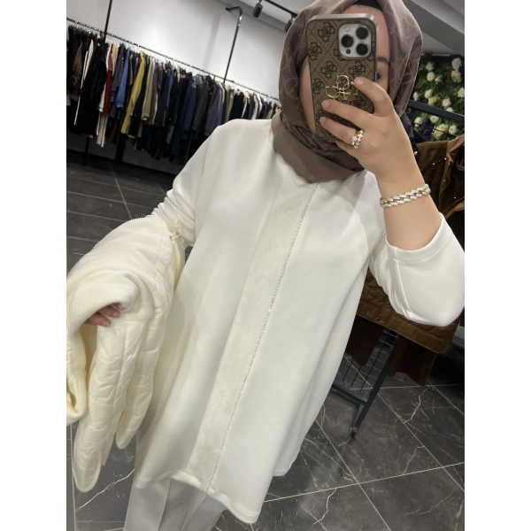 Pureva Boncuk İşlemeli Yelekli Takım