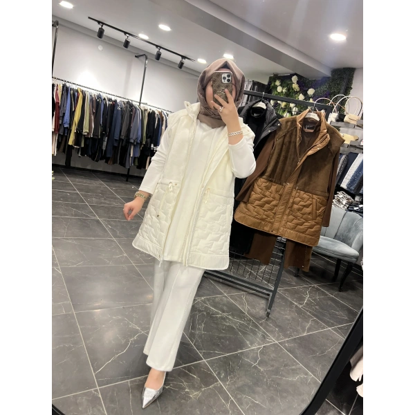 Pureva Boncuk İşlemeli Yelekli Takım