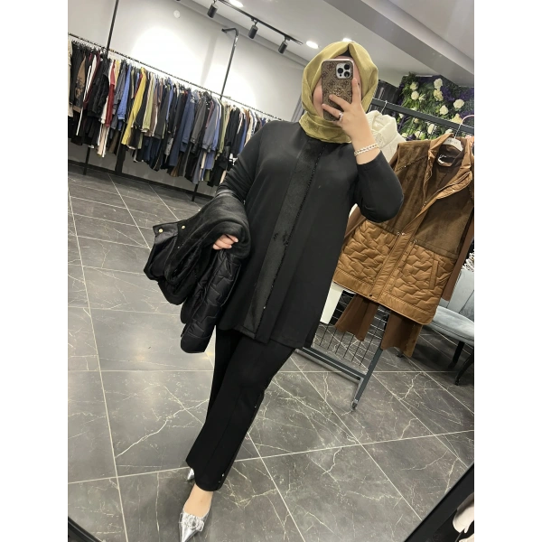 Pureva Boncuk İşlemeli Yelekli Takım