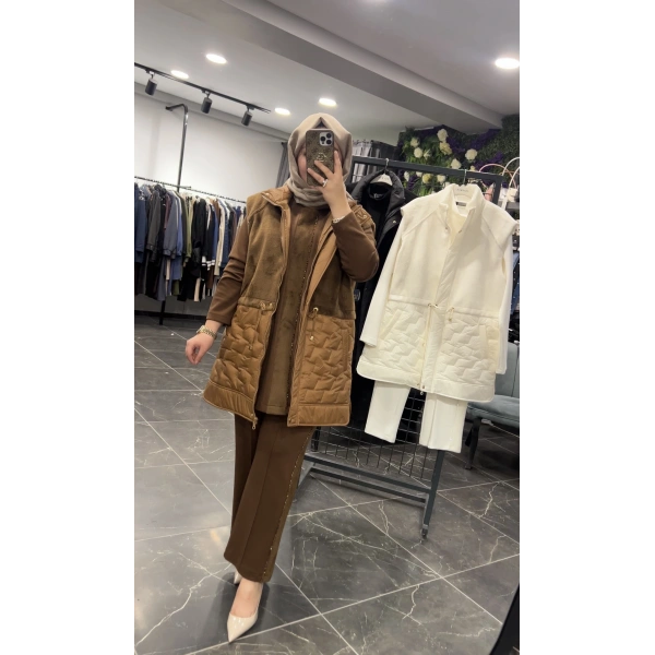 Pureva Boncuk İşlemeli Yelekli Takım