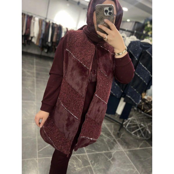 PUREVA Çarpraz Taşlı Yelekli Üçlü Takım