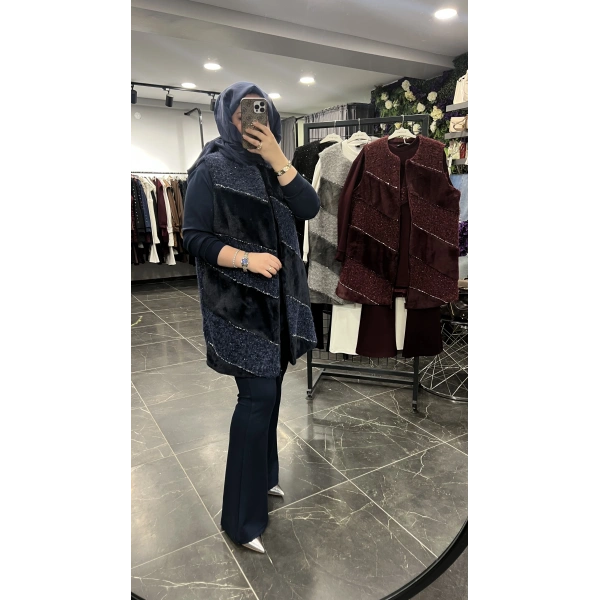 PUREVA Çarpraz Taşlı Yelekli Üçlü Takım