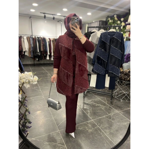 PUREVA Çarpraz Taşlı Yelekli Üçlü Takım