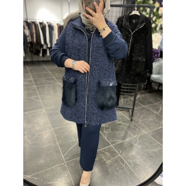 Pureva Cep Kürklü İşlemeli Yelekli Üçlü Takım