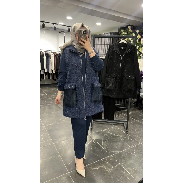 Pureva Cep Kürklü İşlemeli Yelekli Üçlü Takım