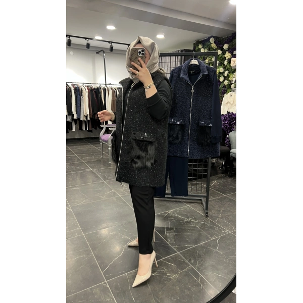 Pureva Cep Kürklü İşlemeli Yelekli Üçlü Takım