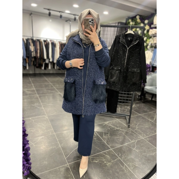 Pureva Cep Kürklü İşlemeli Yelekli Üçlü Takım