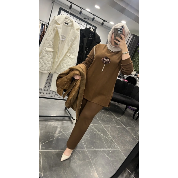 PUREVA Çiçek İşleme Yelekli Üçlü Takım