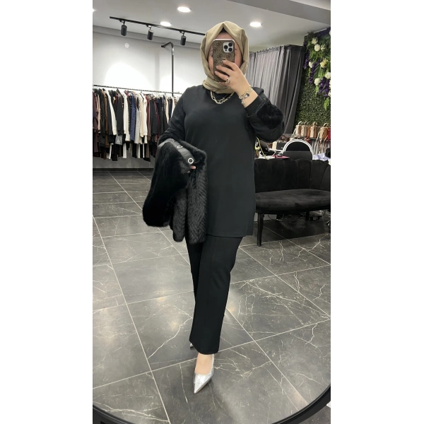 Pureva Deri ve Kuşgözü Detaylı Angora Üçlü Yelek Takım