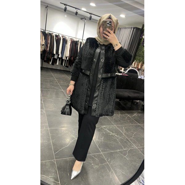 Pureva Deri ve Kuşgözü Detaylı Angora Üçlü Yelek Takım