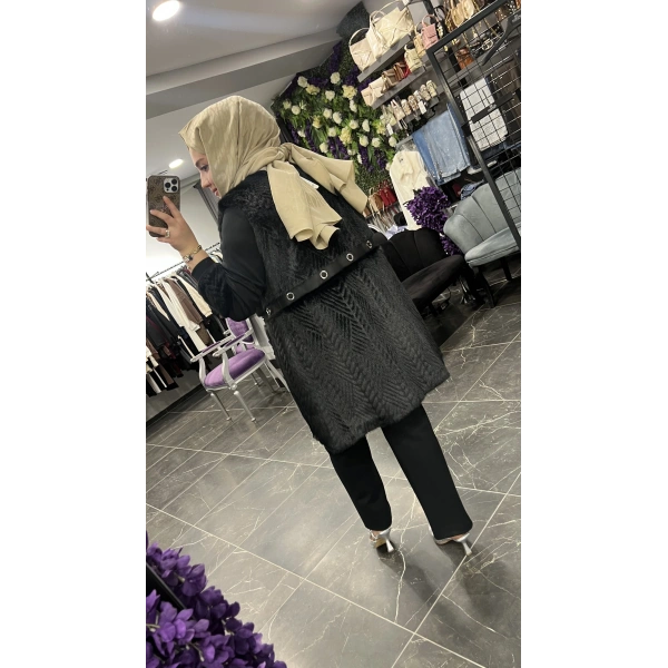 Pureva Deri ve Kuşgözü Detaylı Angora Üçlü Yelek Takım