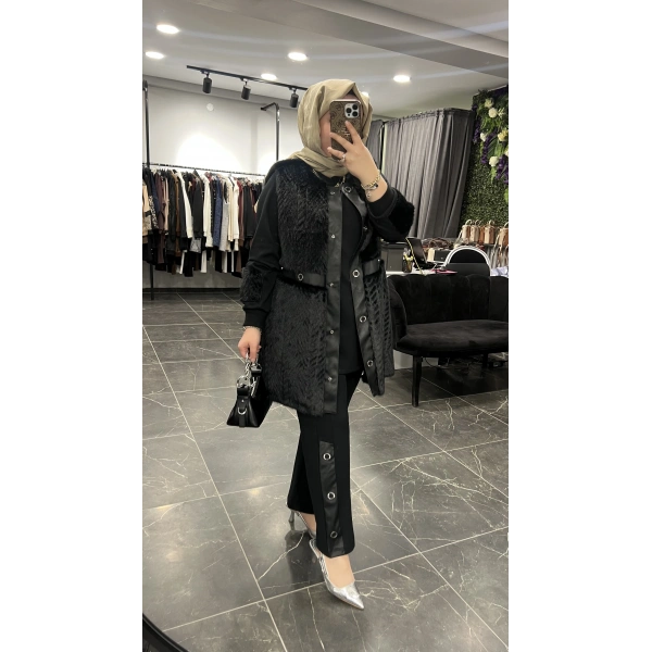 Pureva Deri ve Kuşgözü Detaylı Angora Üçlü Yelek Takım