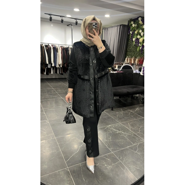 Pureva Deri ve Kuşgözü Detaylı Angora Üçlü Yelek Takım