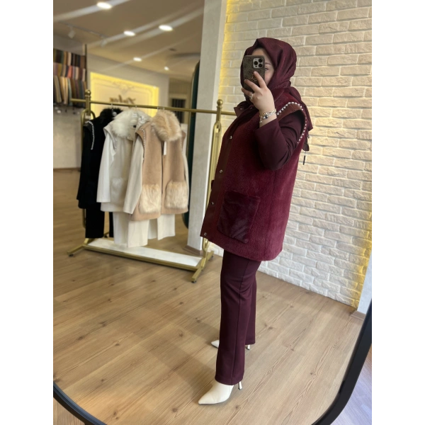 Pureva İncili Deri Detaylı Angora Yelekli Üçlü Takım