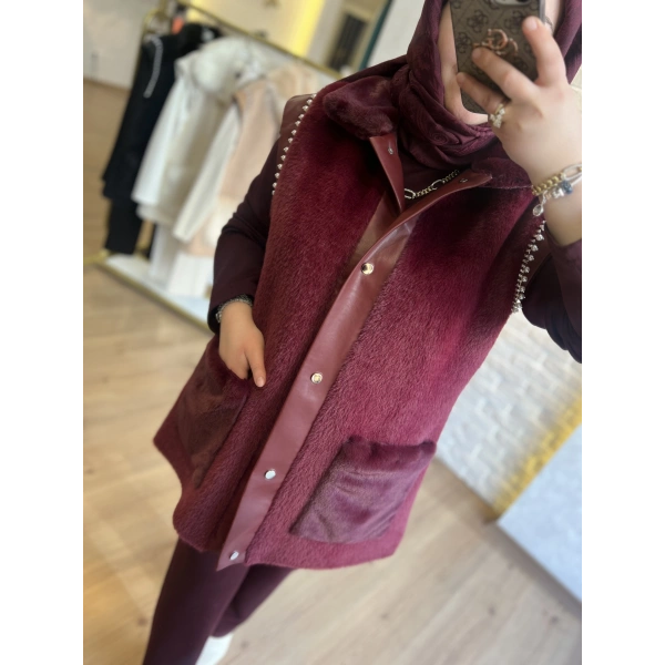 Pureva İncili Deri Detaylı Angora Yelekli Üçlü Takım