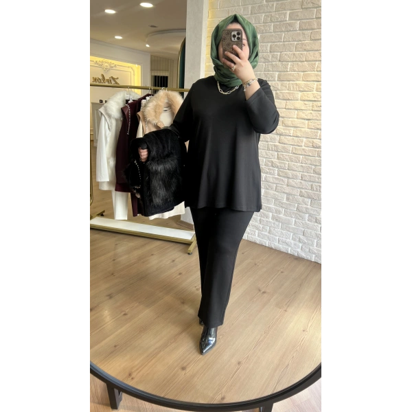 Pureva İncili Deri Detaylı Angora Yelekli Üçlü Takım