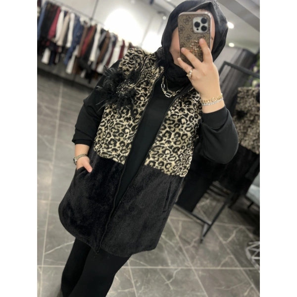 PUREVA Leopar Kürk Broşlu Yelekli Üçlü Takım