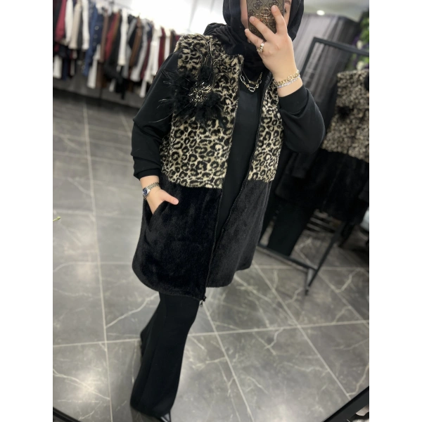 PUREVA Leopar Kürk Broşlu Yelekli Üçlü Takım