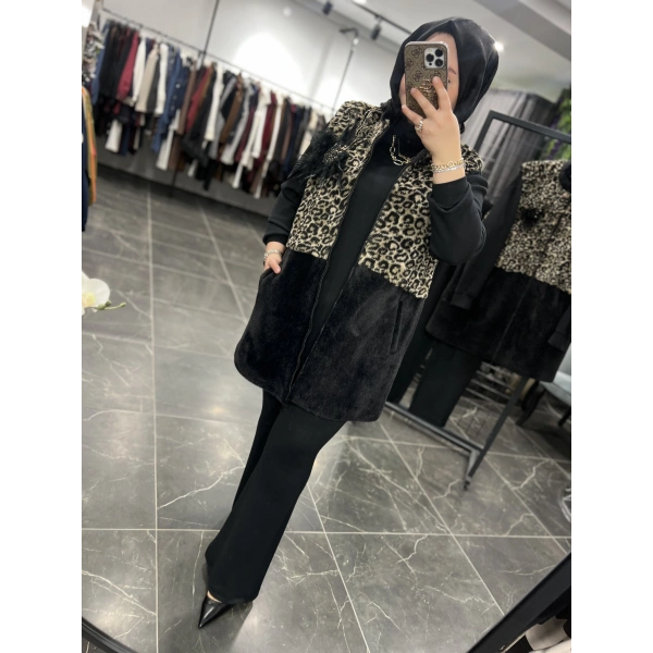 PUREVA Leopar Kürk Broşlu Yelekli Üçlü Takım