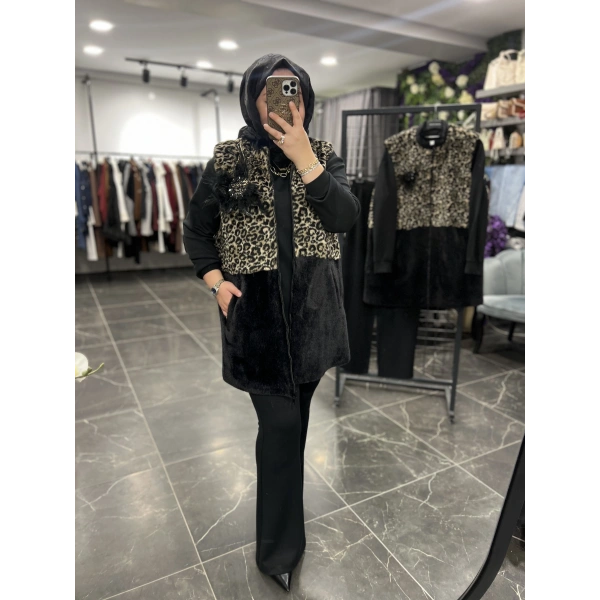 PUREVA Leopar Kürk Broşlu Yelekli Üçlü Takım