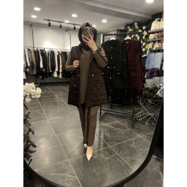 Pureva Pul Tüvitli Kapitoneli Yelekli Üçlü Takım