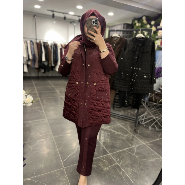 Pureva Pul Tüvitli Kapitoneli Yelekli Üçlü Takım